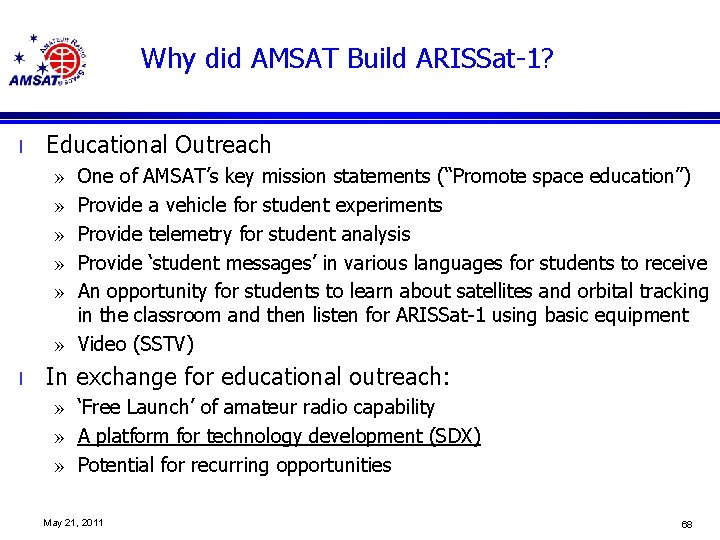 Why did AMSAT Build ARISSat-1? l Educational Outreach One of AMSAT’s key mission statements