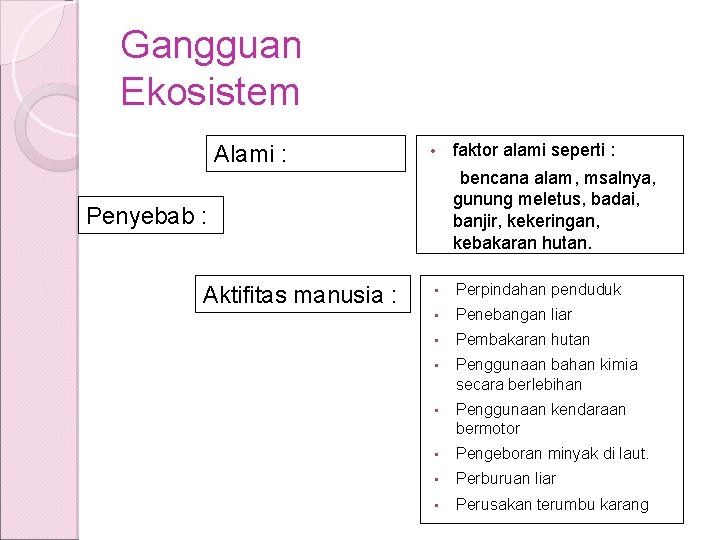 Gangguan Ekosistem Alami : • bencana alam, msalnya, gunung meletus, badai, banjir, kekeringan, kebakaran Gangguan Ekosistem Alami : • bencana alam, msalnya, gunung meletus, badai, banjir, kekeringan, kebakaran