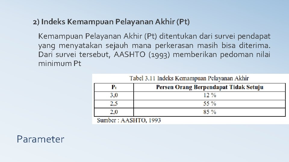 2) Indeks Kemampuan Pelayanan Akhir (Pt) ditentukan dari survei pendapat yang menyatakan sejauh mana