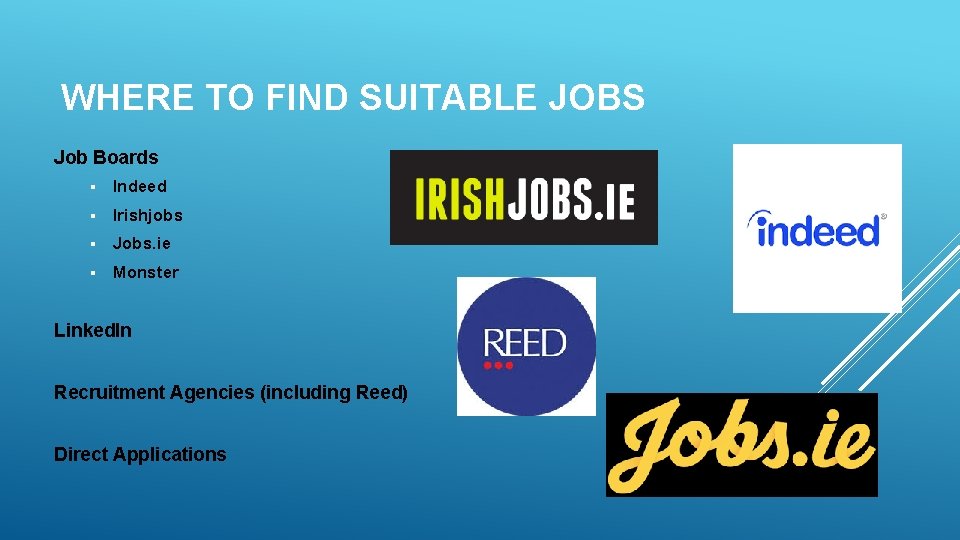 WHERE TO FIND SUITABLE JOBS Job Boards § Indeed § Irishjobs § Jobs. ie