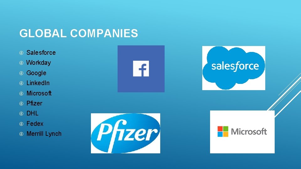 GLOBAL COMPANIES Salesforce Workday Google Linked. In Microsoft Pfizer DHL Fedex Merrill Lynch 