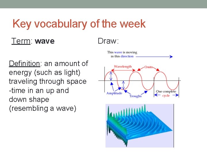 Key vocabulary of the week Term: wave Definition: an amount of energy (such as