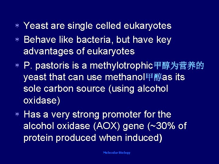 Yeast are single celled eukaryotes * Behave like bacteria, but have key advantages of