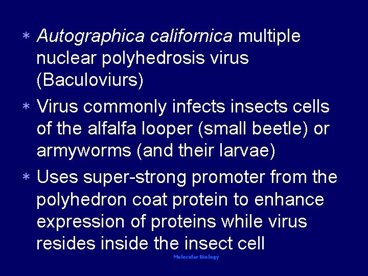 Autographica californica multiple nuclear polyhedrosis virus (Baculoviurs) * Virus commonly infects insects cells of