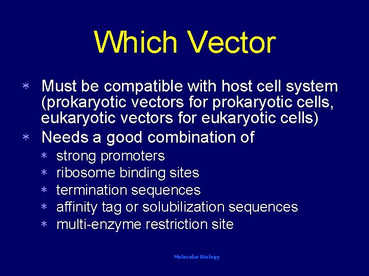 Which Vector Must be compatible with host cell system (prokaryotic vectors for prokaryotic cells,