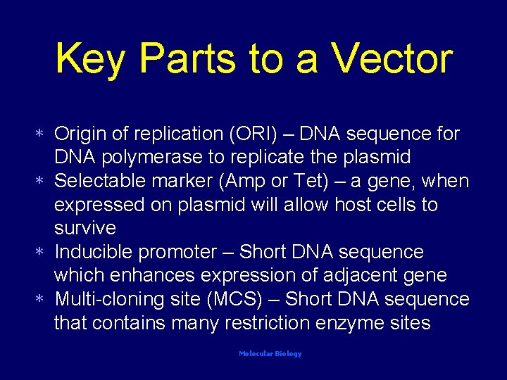 Key Parts to a Vector Origin of replication (ORI) – DNA sequence for DNA