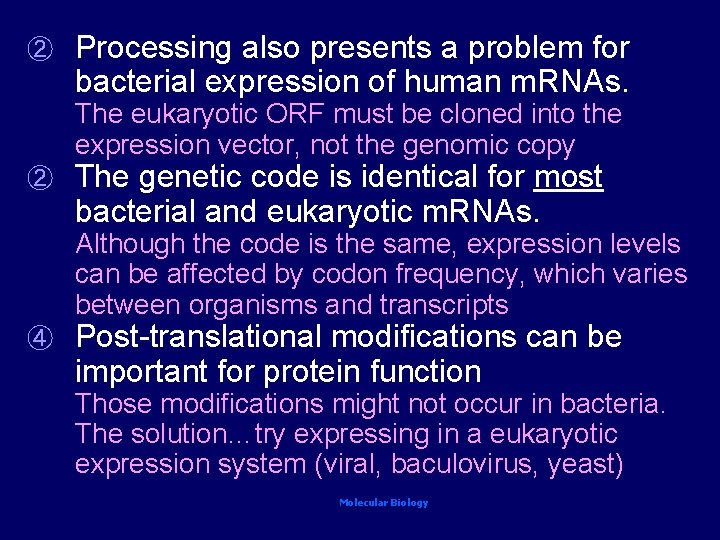 ② Processing also presents a problem for bacterial expression of human m. RNAs. The