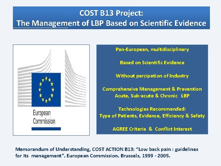 COST B 13 Project: The Management of LBP Based on Scientific Evidence Pan-European, multidisciplinary