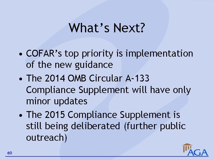 What’s Next? • COFAR’s top priority is implementation of the new guidance • The