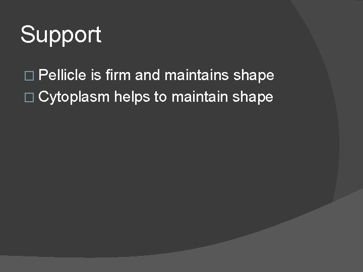 Support � Pellicle is firm and maintains shape � Cytoplasm helps to maintain shape