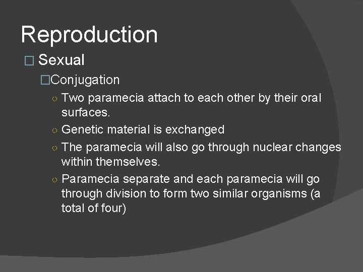 Reproduction � Sexual �Conjugation ○ Two paramecia attach to each other by their oral