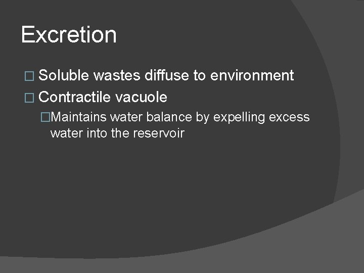 Excretion � Soluble wastes diffuse to environment � Contractile vacuole �Maintains water balance by