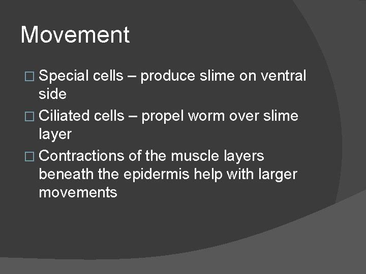 Movement � Special cells – produce slime on ventral side � Ciliated cells –