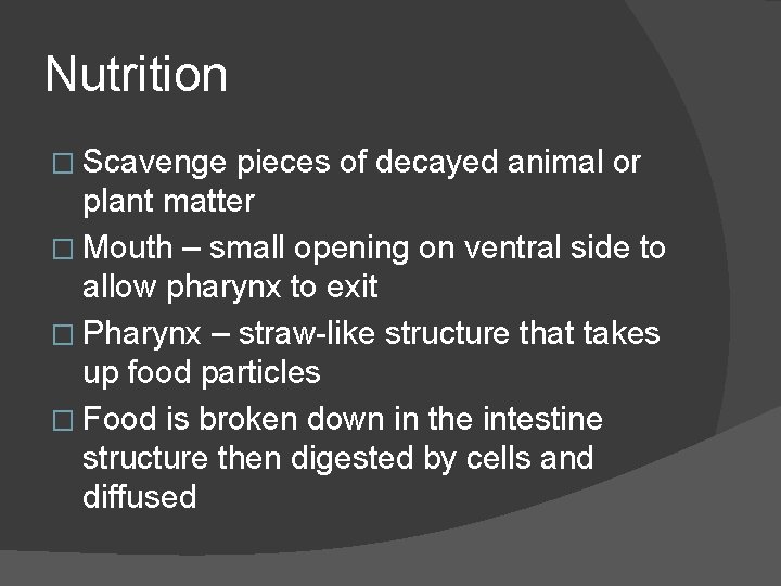 Nutrition � Scavenge pieces of decayed animal or plant matter � Mouth – small