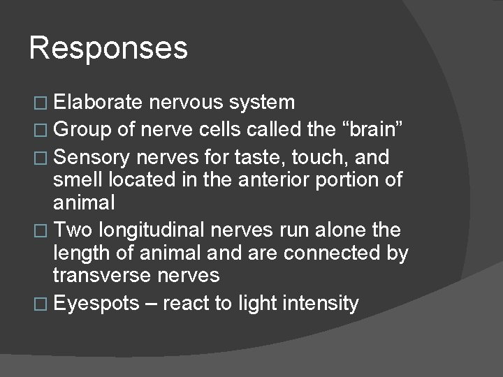 Responses � Elaborate nervous system � Group of nerve cells called the “brain” �