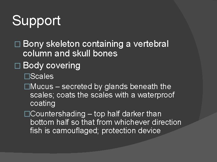 Support � Bony skeleton containing a vertebral column and skull bones � Body covering