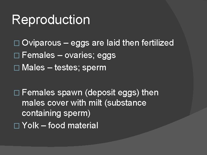 Reproduction � Oviparous – eggs are laid then fertilized � Females – ovaries; eggs
