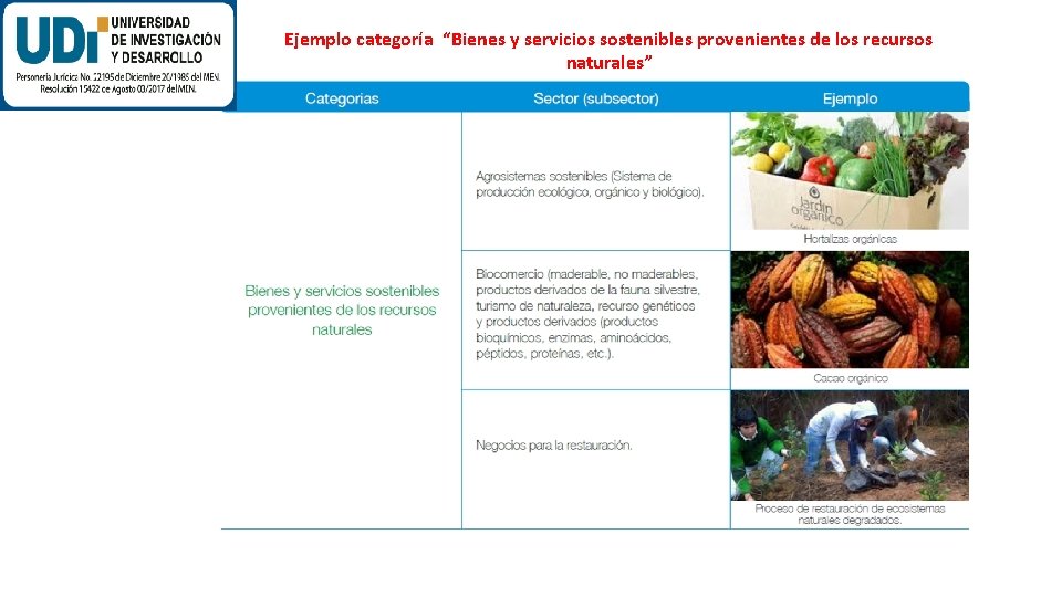 Ejemplo categoría “Bienes y servicios sostenibles provenientes de los recursos naturales” 