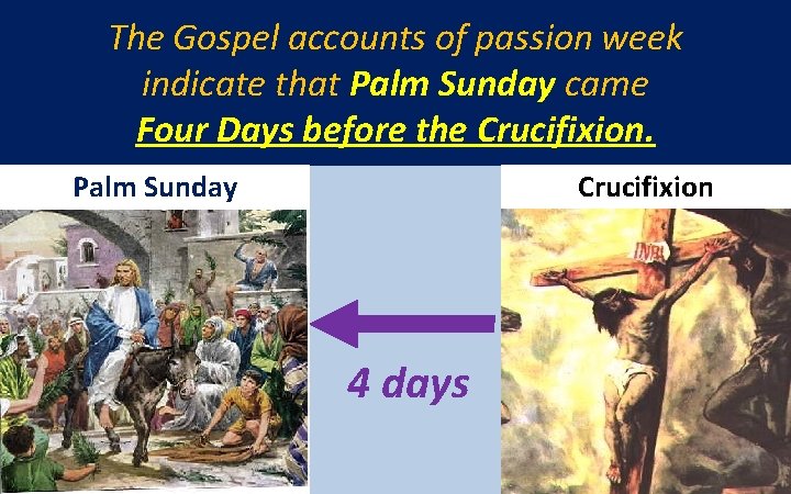 The Gospel accounts of passion week indicate that Palm Sunday came Four Days before