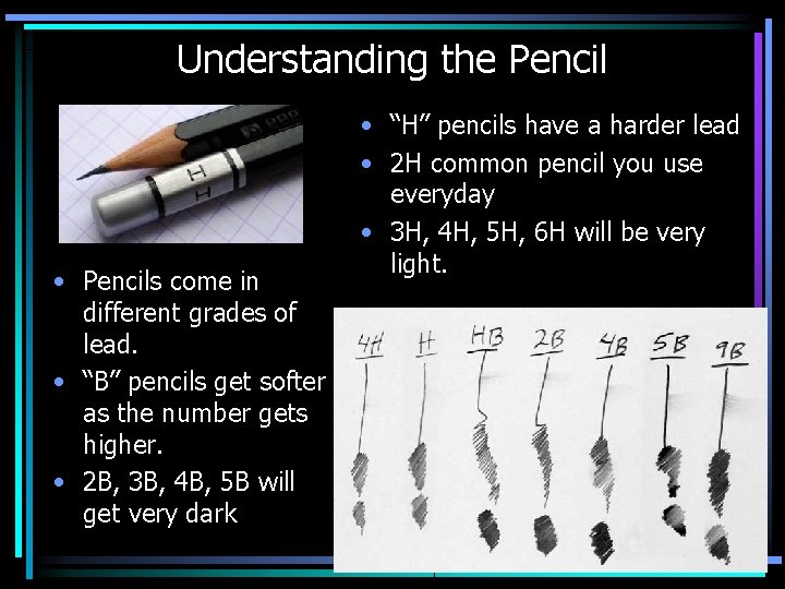 Understanding the Pencil • Pencils come in different grades of lead. • “B” pencils