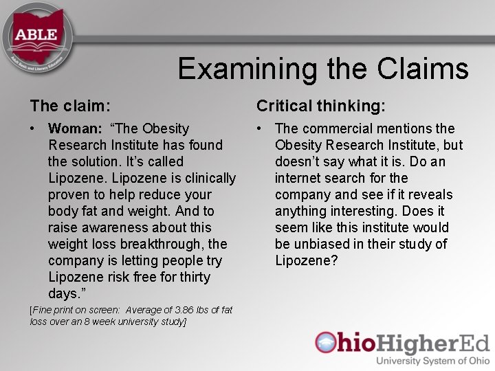 Examining the Claims The claim: Critical thinking: • Woman: “The Obesity Research Institute has Examining the Claims The claim: Critical thinking: • Woman: “The Obesity Research Institute has