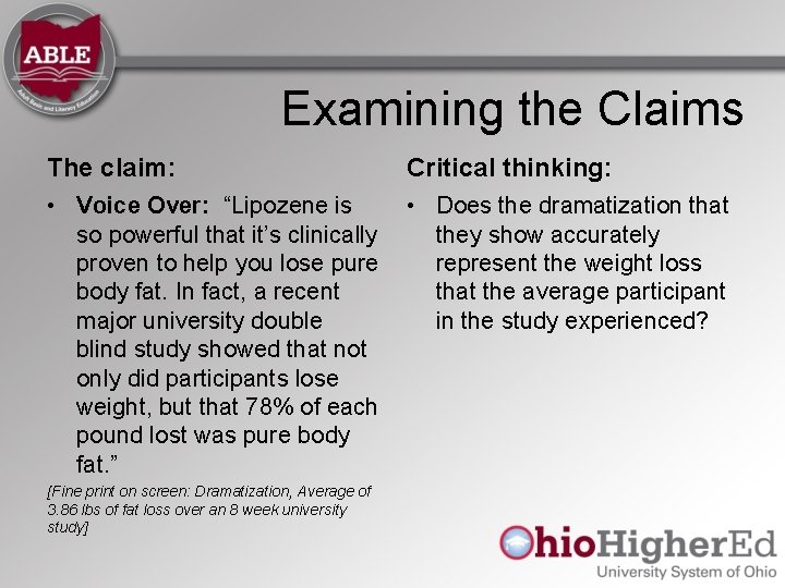 Examining the Claims The claim: Critical thinking: • Voice Over: “Lipozene is so powerful Examining the Claims The claim: Critical thinking: • Voice Over: “Lipozene is so powerful