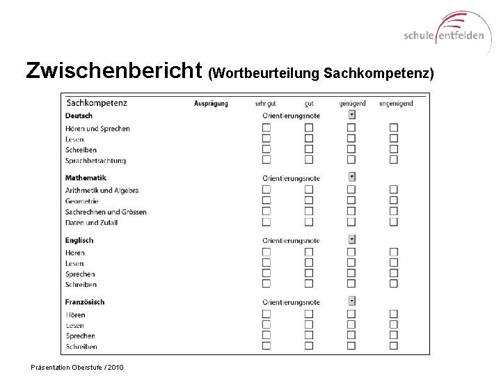 Zwischenbericht (Wortbeurteilung Sachkompetenz) Präsentation Oberstufe / 2010 