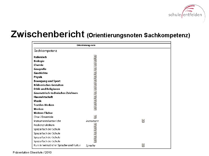 Zwischenbericht (Orientierungsnoten Sachkompetenz) Präsentation Oberstufe / 2010 