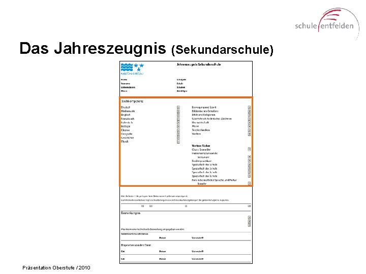 Das Jahreszeugnis (Sekundarschule) Präsentation Oberstufe / 2010 