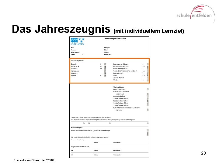 Das Jahreszeugnis (mit individuellem Lernziel) 20 Präsentation Oberstufe / 2010 