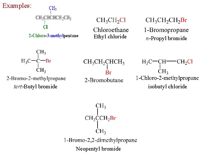 Examples: Ethyl chloride n-Propyl bromide isobutyl chloride tert-Butyl bromide Neopentyl bromide 