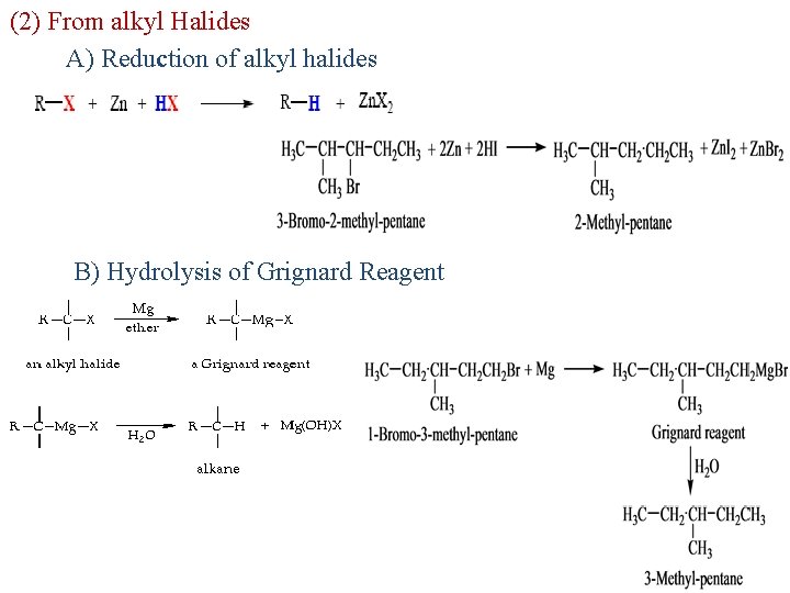 2 (2) From alkyl Halides A) Reduction of alkyl halides B) Hydrolysis of Grignard