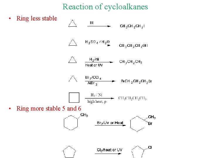 Reaction of cycloalkanes • Ring less stable • Ring more stable 5 and 6