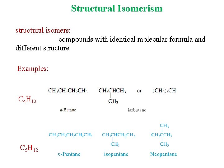 Structural Isomerism structural isomers: compounds with identical molecular formula and different structure Examples: C