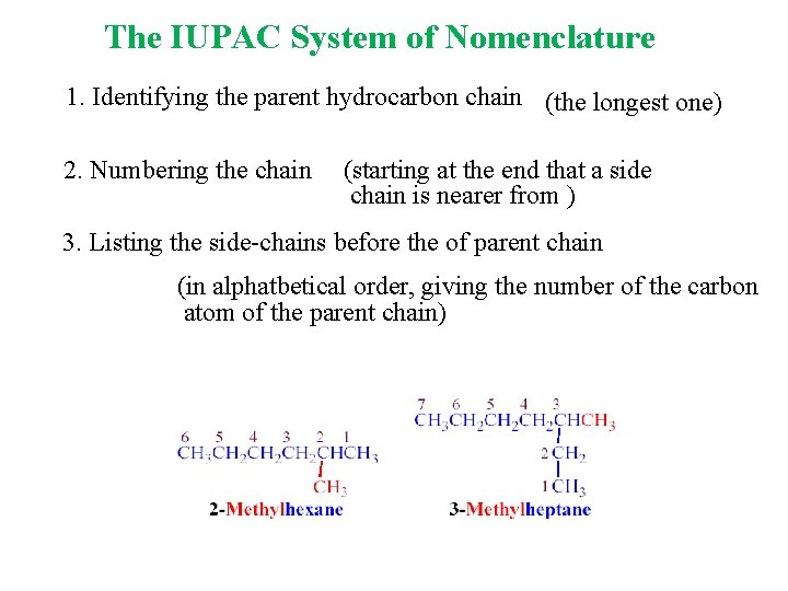 The IUPAC System of Nomenclature 1. Identifying the parent hydrocarbon chain (the longest one)