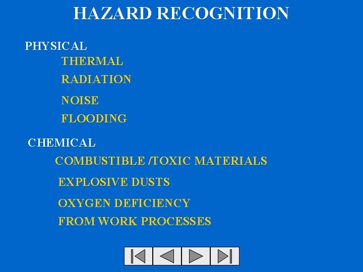 HAZARD RECOGNITION PHYSICAL THERMAL RADIATION NOISE FLOODING CHEMICAL COMBUSTIBLE /TOXIC MATERIALS EXPLOSIVE DUSTS OXYGEN