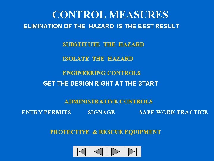CONTROL MEASURES ELIMINATION OF THE HAZARD IS THE BEST RESULT SUBSTITUTE THE HAZARD ISOLATE