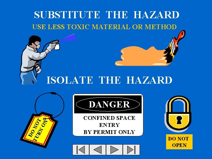 SUBSTITUTE THE HAZARD USE LESS TOXIC MATERIAL OR METHOD ISOLATE THE HAZARD DO TU