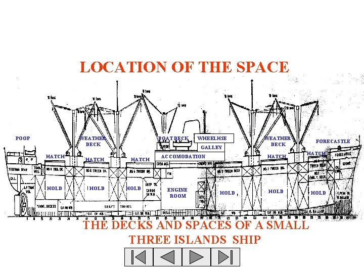 LOCATION OF THE SPACE POOP WEATHER DECK HATCH HOLD BOAT DECK WHEELHSE GALLEY HATCH