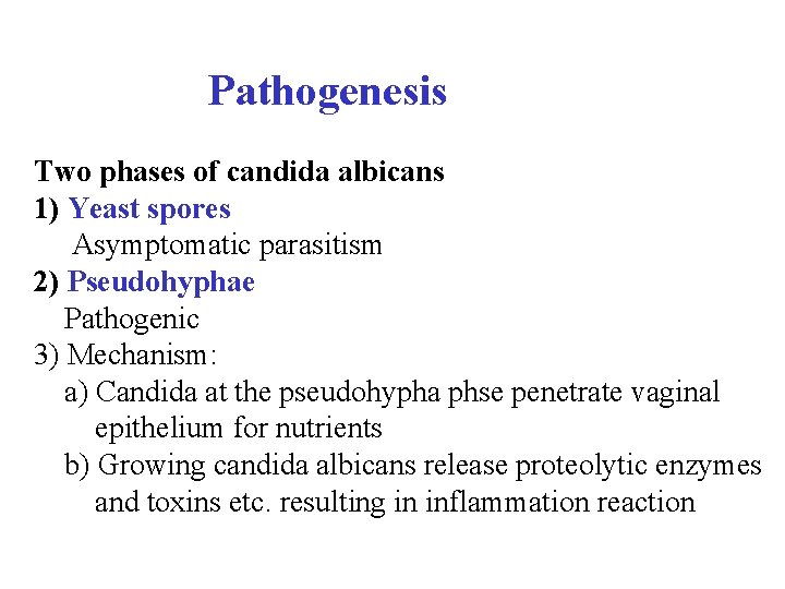  Pathogenesis Two phases of candida albicans 1) Yeast spores Asymptomatic parasitism 2) Pseudohyphae