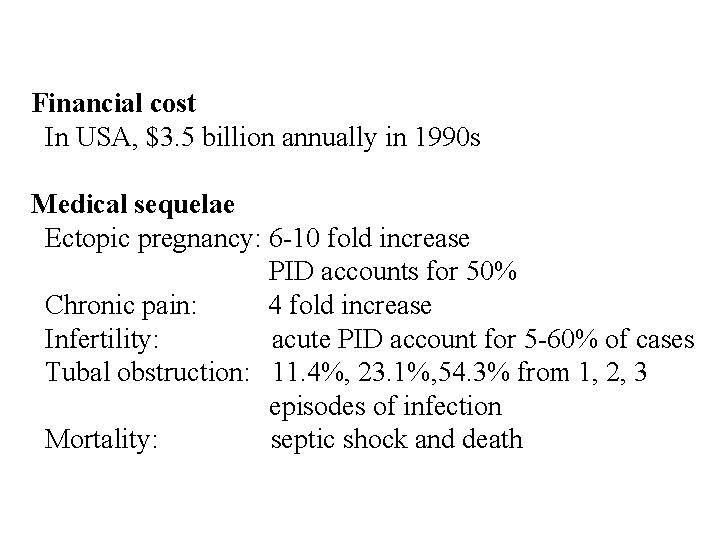 Financial cost In USA, $3. 5 billion annually in 1990 s Medical sequelae Ectopic