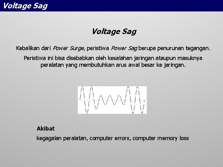 Voltage Sag Kebalikan dari Power Surge, peristiwa Power Sag berupa penurunan tegangan. Peristiwa ini