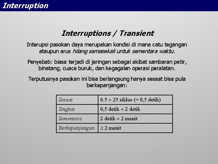 Interruptions / Transient Interupsi pasokan daya merupakan kondisi di mana catu tegangan ataupun arus