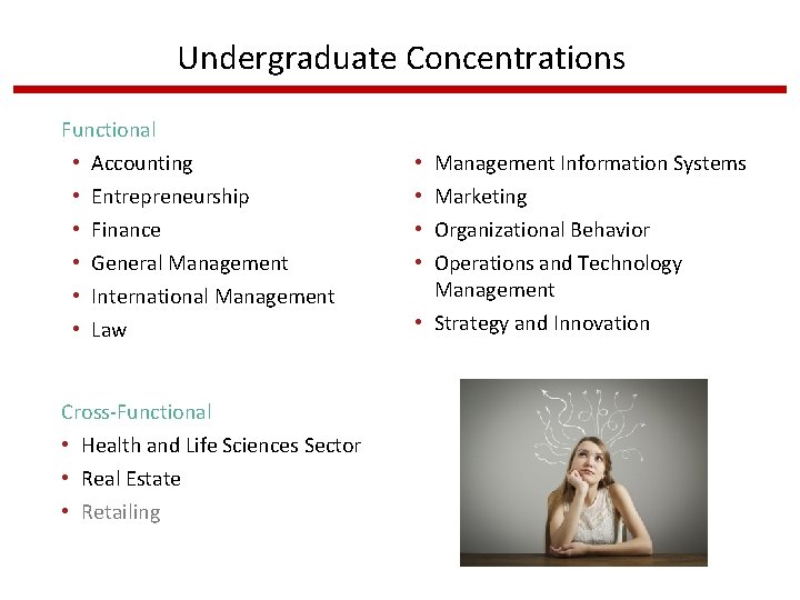 Undergraduate Concentrations Functional • • • Accounting Entrepreneurship Finance General Management International Management Law