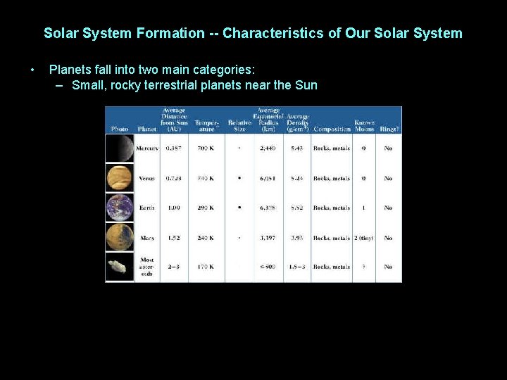 Solar System Formation -- Characteristics of Our Solar System • Planets fall into two