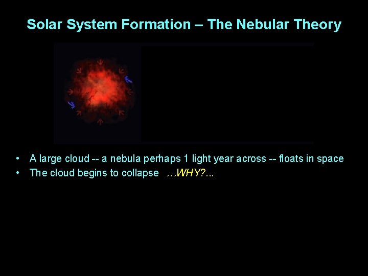 Solar System Formation – The Nebular Theory • A large cloud -- a nebula