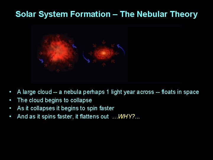 Solar System Formation – The Nebular Theory • • A large cloud -- a