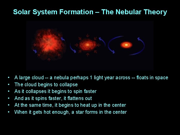 Solar System Formation – The Nebular Theory • • • A large cloud --