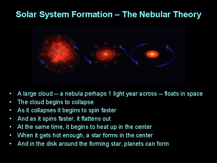 Solar System Formation – The Nebular Theory • • A large cloud -- a