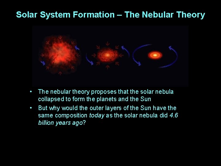 Solar System Formation – The Nebular Theory • The nebular theory proposes that the